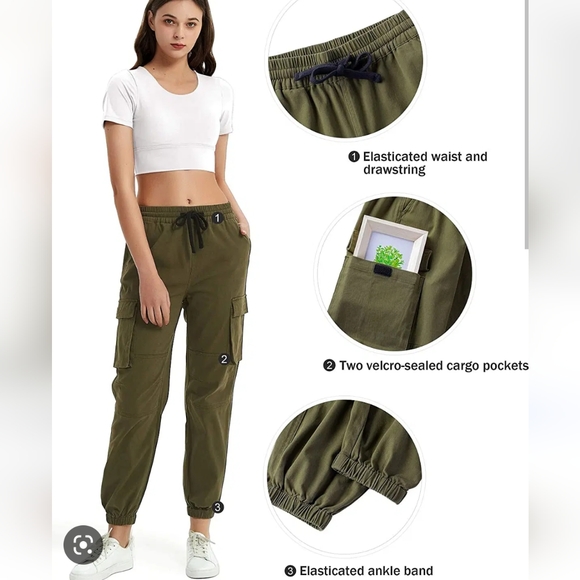 Green Army Cargo Pants Joggers Elastic Drawstring Extra Pockets WOMEN'S LARGE - Picture 10 of 10